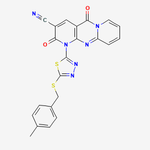 molecular formula C22H14N6O2S2 B11412867 7-[5-[(4-methylphenyl)methylsulfanyl]-1,3,4-thiadiazol-2-yl]-2,6-dioxo-1,7,9-triazatricyclo[8.4.0.03,8]tetradeca-3(8),4,9,11,13-pentaene-5-carbonitrile 