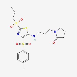 molecular formula C20H27N3O5S3 B11412875 1-(3-{[4-[(4-Methylphenyl)sulfonyl]-2-(propylsulfonyl)-1,3-thiazol-5-yl]amino}propyl)pyrrolidin-2-one 