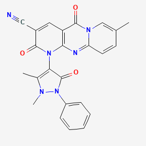 molecular formula C24H18N6O3 B11413261 7-(1,5-dimethyl-3-oxo-2-phenylpyrazol-4-yl)-13-methyl-2,6-dioxo-1,7,9-triazatricyclo[8.4.0.03,8]tetradeca-3(8),4,9,11,13-pentaene-5-carbonitrile 