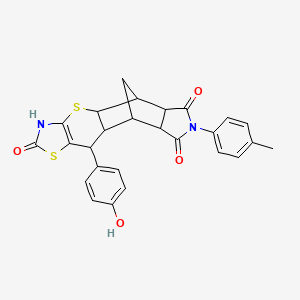 molecular formula C26H22N2O4S2 B11414525 9-(4-hydroxyphenyl)-14-(4-methylphenyl)-3,7-dithia-5,14-diazapentacyclo[9.5.1.02,10.04,8.012,16]heptadec-4(8)-ene-6,13,15-trione 