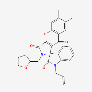 molecular formula C28H26N2O5 B11414870 6,7-dimethyl-1'-(prop-2-en-1-yl)-2-(tetrahydrofuran-2-ylmethyl)-2H-spiro[chromeno[2,3-c]pyrrole-1,3'-indole]-2',3,9(1'H)-trione 