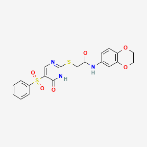 molecular formula C20H17N3O6S2 B11415270 2-{[5-(benzenesulfonyl)-6-oxo-1,6-dihydropyrimidin-2-yl]sulfanyl}-N-(2,3-dihydro-1,4-benzodioxin-6-yl)acetamide 