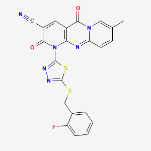 7-[5-[(2-fluorophenyl)methylsulfanyl]-1,3,4-thiadiazol-2-yl]-13-methyl-2,6-dioxo-1,7,9-triazatricyclo[8.4.0.03,8]tetradeca-3(8),4,9,11,13-pentaene-5-carbonitrile