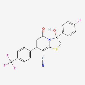 molecular formula C21H14F4N2O2S B11416036 3-(4-fluorophenyl)-3-hydroxy-5-oxo-7-[4-(trifluoromethyl)phenyl]-2,3,6,7-tetrahydro-5H-[1,3]thiazolo[3,2-a]pyridine-8-carbonitrile 