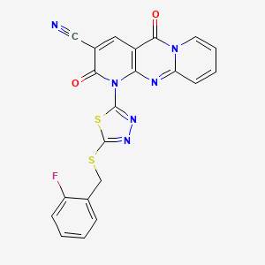 7-[5-[(2-fluorophenyl)methylsulfanyl]-1,3,4-thiadiazol-2-yl]-2,6-dioxo-1,7,9-triazatricyclo[8.4.0.03,8]tetradeca-3(8),4,9,11,13-pentaene-5-carbonitrile