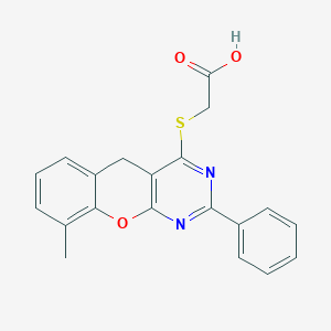 molecular formula C20H16N2O3S B11417864 2-({9-Methyl-2-phenyl-5H-chromeno[2,3-D]pyrimidin-4-YL}sulfanyl)acetic acid 