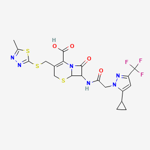 molecular formula C20H19F3N6O4S3 B11418133 7-({[5-cyclopropyl-3-(trifluoromethyl)-1H-pyrazol-1-yl]acetyl}amino)-3-{[(5-methyl-1,3,4-thiadiazol-2-yl)sulfanyl]methyl}-8-oxo-5-thia-1-azabicyclo[4.2.0]oct-2-ene-2-carboxylic acid 