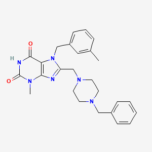 molecular formula C26H30N6O2 B11420880 8-[(4-Benzylpiperazin-1-yl)methyl]-3-methyl-7-[(3-methylphenyl)methyl]purine-2,6-dione 