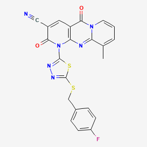 molecular formula C22H13FN6O2S2 B11421392 7-[5-[(4-fluorophenyl)methylsulfanyl]-1,3,4-thiadiazol-2-yl]-11-methyl-2,6-dioxo-1,7,9-triazatricyclo[8.4.0.03,8]tetradeca-3(8),4,9,11,13-pentaene-5-carbonitrile 