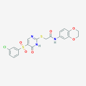 molecular formula C20H16ClN3O6S2 B11421738 2-({5-[(3-chlorophenyl)sulfonyl]-6-oxo-1,6-dihydropyrimidin-2-yl}sulfanyl)-N-(2,3-dihydro-1,4-benzodioxin-6-yl)acetamide 