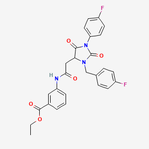 Ethyl 3-({[3-(4-fluorobenzyl)-1-(4-fluorophenyl)-2,5-dioxoimidazolidin-4-yl]acetyl}amino)benzoate