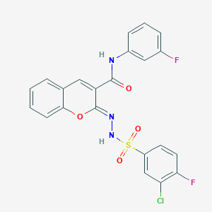 (2Z)-2-{2-[(3-chloro-4-fluorophenyl)sulfonyl]hydrazinylidene}-N-(3-fluorophenyl)-2H-chromene-3-carboxamide