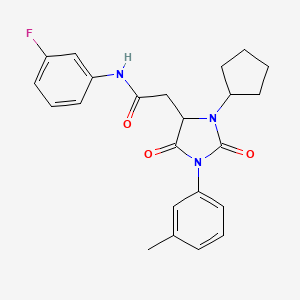 molecular formula C23H24FN3O3 B11423729 2-[3-cyclopentyl-1-(3-methylphenyl)-2,5-dioxoimidazolidin-4-yl]-N-(3-fluorophenyl)acetamide 