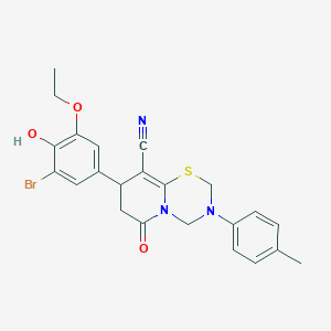 molecular formula C23H22BrN3O3S B11424425 8-(3-bromo-5-ethoxy-4-hydroxyphenyl)-3-(4-methylphenyl)-6-oxo-3,4,7,8-tetrahydro-2H,6H-pyrido[2,1-b][1,3,5]thiadiazine-9-carbonitrile 