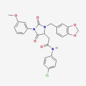 molecular formula C26H22ClN3O6 B11424584 2-[3-(1,3-benzodioxol-5-ylmethyl)-1-(3-methoxyphenyl)-2,5-dioxoimidazolidin-4-yl]-N-(4-chlorophenyl)acetamide 