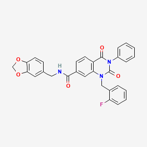 molecular formula C30H22FN3O5 B11425719 N-(1,3-benzodioxol-5-ylmethyl)-1-[(2-fluorophenyl)methyl]-2,4-dioxo-3-phenylquinazoline-7-carboxamide 