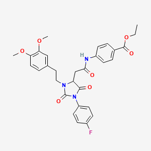 Ethyl 4-[({3-[2-(3,4-dimethoxyphenyl)ethyl]-1-(4-fluorophenyl)-2,5-dioxoimidazolidin-4-yl}acetyl)amino]benzoate