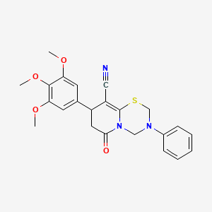 6-oxo-3-phenyl-8-(3,4,5-trimethoxyphenyl)-3,4,7,8-tetrahydro-2H,6H-pyrido[2,1-b][1,3,5]thiadiazine-9-carbonitrile