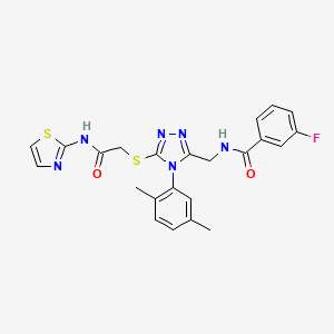 molecular formula C23H21FN6O2S2 B11426849 N-{[4-(2,5-Dimethylphenyl)-5-({[(1,3-thiazol-2-YL)carbamoyl]methyl}sulfanyl)-4H-1,2,4-triazol-3-YL]methyl}-3-fluorobenzamide 