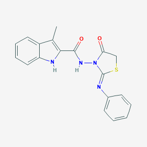 molecular formula C19H16N4O2S B114269 3-Methyl-N-(4-oxo-2-(phenylimino)-3-thiazolidinyl)-1H-indole-2-carboxamide CAS No. 148372-32-1