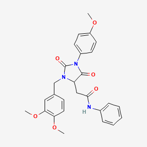 molecular formula C27H27N3O6 B11427398 2-[3-(3,4-dimethoxybenzyl)-1-(4-methoxyphenyl)-2,5-dioxoimidazolidin-4-yl]-N-phenylacetamide 