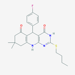 molecular formula C23H26FN3O2S B11427523 2-(butylsulfanyl)-5-(4-fluorophenyl)-8,8-dimethyl-5,8,9,10-tetrahydropyrimido[4,5-b]quinoline-4,6(3H,7H)-dione 