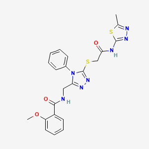 molecular formula C22H21N7O3S2 B11427849 2-Methoxy-N-{[5-({[(5-methyl-1,3,4-thiadiazol-2-YL)carbamoyl]methyl}sulfanyl)-4-phenyl-4H-1,2,4-triazol-3-YL]methyl}benzamide 