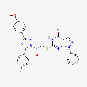 molecular formula C30H26N6O3S B11427982 6-((2-(3-(4-methoxyphenyl)-5-(p-tolyl)-4,5-dihydro-1H-pyrazol-1-yl)-2-oxoethyl)thio)-1-phenyl-1H-pyrazolo[3,4-d]pyrimidin-4(5H)-one 