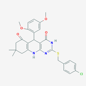 molecular formula C28H28ClN3O4S B11428232 2-[(4-chlorobenzyl)sulfanyl]-5-(2,5-dimethoxyphenyl)-8,8-dimethyl-5,8,9,10-tetrahydropyrimido[4,5-b]quinoline-4,6(3H,7H)-dione 