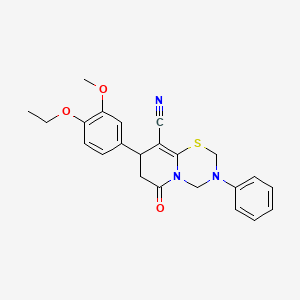 molecular formula C23H23N3O3S B11428241 8-(4-ethoxy-3-methoxyphenyl)-6-oxo-3-phenyl-3,4,7,8-tetrahydro-2H,6H-pyrido[2,1-b][1,3,5]thiadiazine-9-carbonitrile 