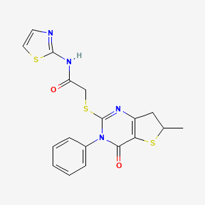 molecular formula C18H16N4O2S3 B11429482 2-((6-methyl-4-oxo-3-phenyl-3,4,6,7-tetrahydrothieno[3,2-d]pyrimidin-2-yl)thio)-N-(thiazol-2-yl)acetamide 