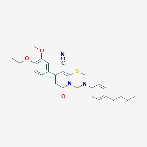 molecular formula C27H31N3O3S B11430261 3-(4-butylphenyl)-8-(4-ethoxy-3-methoxyphenyl)-6-oxo-3,4,7,8-tetrahydro-2H,6H-pyrido[2,1-b][1,3,5]thiadiazine-9-carbonitrile 