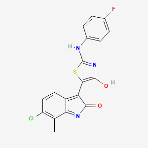 (3Z)-6-chloro-3-{(2Z)-2-[(4-fluorophenyl)imino]-4-oxo-1,3-thiazolidin-5-ylidene}-7-methyl-1,3-dihydro-2H-indol-2-one