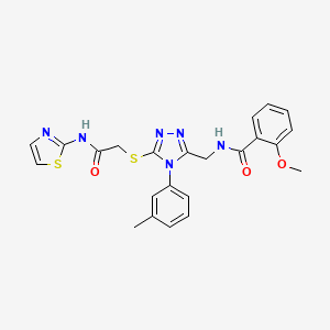 molecular formula C23H22N6O3S2 B11430551 2-Methoxy-N-{[4-(3-methylphenyl)-5-({[(1,3-thiazol-2-YL)carbamoyl]methyl}sulfanyl)-4H-1,2,4-triazol-3-YL]methyl}benzamide 