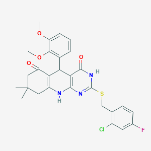 molecular formula C28H27ClFN3O4S B11431122 2-[(2-chloro-4-fluorobenzyl)sulfanyl]-5-(2,3-dimethoxyphenyl)-8,8-dimethyl-5,8,9,10-tetrahydropyrimido[4,5-b]quinoline-4,6(3H,7H)-dione 