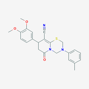 molecular formula C23H23N3O3S B11431172 8-(3,4-dimethoxyphenyl)-3-(3-methylphenyl)-6-oxo-3,4,7,8-tetrahydro-2H,6H-pyrido[2,1-b][1,3,5]thiadiazine-9-carbonitrile 