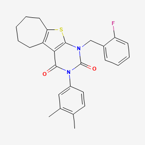 molecular formula C26H25FN2O2S B11433390 4-(3,4-Dimethylphenyl)-6-[(2-fluorophenyl)methyl]-8-thia-4,6-diazatricyclo[7.5.0.0^{2,7}]tetradeca-1(9),2(7)-diene-3,5-dione 