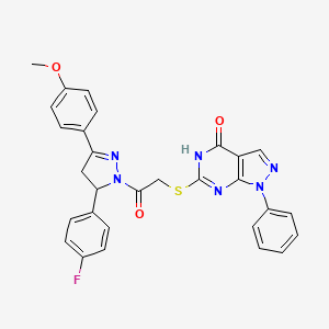 molecular formula C29H23FN6O3S B11433661 6-((2-(5-(4-fluorophenyl)-3-(4-methoxyphenyl)-4,5-dihydro-1H-pyrazol-1-yl)-2-oxoethyl)thio)-1-phenyl-1H-pyrazolo[3,4-d]pyrimidin-4(5H)-one 