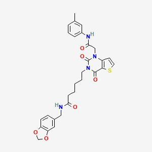 molecular formula C29H30N4O6S B11433810 N-[(2H-1,3-benzodioxol-5-yl)methyl]-6-(1-{[(3-methylphenyl)carbamoyl]methyl}-2,4-dioxo-1H,2H,3H,4H-thieno[3,2-d]pyrimidin-3-yl)hexanamide 