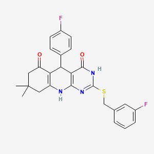 molecular formula C26H23F2N3O2S B11433928 2-[(3-fluorobenzyl)sulfanyl]-5-(4-fluorophenyl)-8,8-dimethyl-5,8,9,10-tetrahydropyrimido[4,5-b]quinoline-4,6(3H,7H)-dione 