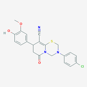 molecular formula C21H18ClN3O3S B11434982 3-(4-chlorophenyl)-8-(4-hydroxy-3-methoxyphenyl)-6-oxo-3,4,7,8-tetrahydro-2H,6H-pyrido[2,1-b][1,3,5]thiadiazine-9-carbonitrile 