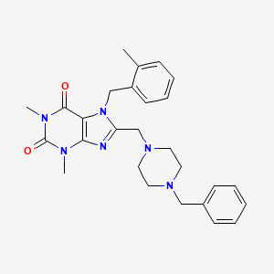 molecular formula C27H32N6O2 B11435028 8-[(4-Benzylpiperazin-1-yl)methyl]-1,3-dimethyl-7-[(2-methylphenyl)methyl]purine-2,6-dione 