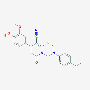 molecular formula C23H23N3O3S B11435312 3-(4-ethylphenyl)-8-(4-hydroxy-3-methoxyphenyl)-6-oxo-3,4,7,8-tetrahydro-2H,6H-pyrido[2,1-b][1,3,5]thiadiazine-9-carbonitrile 