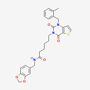 molecular formula C28H29N3O5S B11435431 N-(1,3-benzodioxol-5-ylmethyl)-6-[1-(2-methylbenzyl)-2,4-dioxo-1,4-dihydrothieno[3,2-d]pyrimidin-3(2H)-yl]hexanamide 