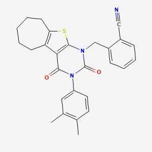 molecular formula C27H25N3O2S B11435740 2-{[4-(3,4-Dimethylphenyl)-3,5-dioxo-8-thia-4,6-diazatricyclo[7.5.0.0^{2,7}]tetradeca-1(9),2(7)-dien-6-yl]methyl}benzonitrile 