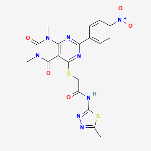 molecular formula C19H16N8O5S2 B11435809 2-((6,8-dimethyl-2-(4-nitrophenyl)-5,7-dioxo-5,6,7,8-tetrahydropyrimido[4,5-d]pyrimidin-4-yl)thio)-N-(5-methyl-1,3,4-thiadiazol-2-yl)acetamide 