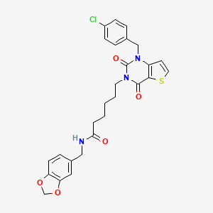 molecular formula C27H26ClN3O5S B11436023 N-(1,3-benzodioxol-5-ylmethyl)-6-[1-[(4-chlorophenyl)methyl]-2,4-dioxothieno[3,2-d]pyrimidin-3-yl]hexanamide 