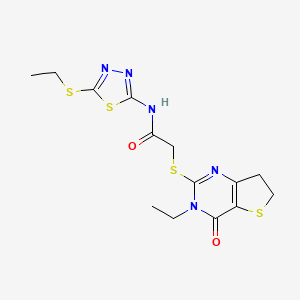 molecular formula C14H17N5O2S4 B11436961 2-({3-Ethyl-4-oxo-3H,4H,6H,7H-thieno[3,2-D]pyrimidin-2-YL}sulfanyl)-N-[5-(ethylsulfanyl)-1,3,4-thiadiazol-2-YL]acetamide 