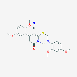 molecular formula C24H25N3O5S B11437496 3-(2,4-Dimethoxyphenyl)-8-(2,5-dimethoxyphenyl)-6-oxo-2,4,7,8-tetrahydropyrido[2,1-b][1,3,5]thiadiazine-9-carbonitrile 