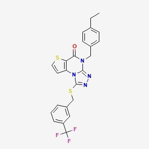 molecular formula C24H19F3N4OS2 B11437589 8-[(4-ethylphenyl)methyl]-12-[[3-(trifluoromethyl)phenyl]methylsulfanyl]-5-thia-1,8,10,11-tetrazatricyclo[7.3.0.02,6]dodeca-2(6),3,9,11-tetraen-7-one 